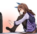  1girl animal_ears black_legwear blush brown_hair closed_mouth ear_covers from_side full_body gradient gradient_background heater highres horse_ears horse_girl horse_tail kakuteru_sudachi king_halo_(umamusume) knees_up long_hair long_sleeves no_shoes pantyhose pleated_skirt purple_shirt purple_skirt red_eyes school_uniform serafuku shirt simple_background sitting skirt smile solo tail umamusume white_background 