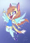  anthro artist_pimmie avian blue_eyes brown_hair canid canine charachter_diamond_hellhiem cherub clothed clothing fan_character feathered_wings feathers female fox hair halo humanoid hybrid lagomorph legwear mammal multicolored_hair mythological_avian mythology simple_background solo stockings wings 