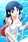  1girl bangs behind_back blue_eyes blue_hair climbing covered_nipples eyebrows_visible_through_hair from_above fujiwara_aya holding long_hair official_art open_mouth photoshop_(medium) pool pool_ladder school_swimsuit solo super_real_mahjong swimsuit tanaka_ryou water wet white_swimsuit 