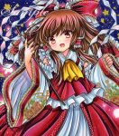  1girl :d ascot blue_background bow brown_hair collared_shirt cowboy_shot detached_sleeves eyebrows_visible_through_hair fingernails floral_print flower frilled_bow frilled_hair_tubes frills gohei hair_bow hair_tubes hakurei_reimu holding holding_stick long_hair looking_at_viewer marker_(medium) open_mouth print_sleeves red_bow red_eyes red_flower red_rose red_shirt red_skirt rose rose_print rui_(sugar3) sample sharp_fingernails shirt skirt sleeveless sleeveless_shirt sleeves_past_wrists smile solo stick touhou traditional_media wide_sleeves yellow_ascot 