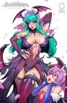 2girls arm_behind_head arm_up bangs banned_artist blue_gloves blunt_bangs breasts cleavage demon_girl demon_wings dress elbow_gloves eyeshadow fingerless_gloves gloves green_eyes green_hair head_wings heart highres large_breasts latex latex_gloves lilith_aensland long_hair looking_at_another looking_at_viewer makeup morrigan_aensland multiple_girls open_mouth parted_lips pink_hair purple_dress purple_eyeshadow purple_lips purple_nails red_eyes reiq second-party_source short_hair small_breasts vampire_(game) wings 