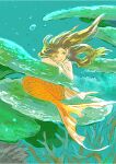  1girl :t air_bubble arm_rest backlighting brown_hair bubble clenched_hand closed_mouth collarbone coral coral_reef dappled_sunlight dot_nose facing_viewer fins floating_hair full_body head_fins head_rest long_hair looking_away looking_to_the_side looking_up mermaid monaka_(siromona) monster_girl ocean_bottom original sea_anemone sitting solo sunlight tail tail_fin underwater 