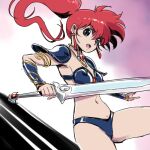  1girl armor asagiri_youko bikini bikini_armor blue_bikini blue_eyes breasts choker cleavage commentary_request earrings eyelashes genmu_senki_leda groin holding holding_sword holding_weapon jewelry long_hair midriff navel open_mouth outdoors pauldrons ponytail red_hair shoulder_armor shoulder_pads side_ponytail sky small_breasts solo stomach swimsuit sword vambraces weapon yazwo 