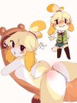  absurd_res animal_crossing anthro bodily_fluids breasts duo female genital_fluids hi_res isabelle_(animal_crossing) marinemarines2 nintendo nipples pillow pussy_juice text video_games 
