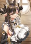  1girl animal_ears bangs bare_shoulders black_dress blush breast_hold breasts brown_hair closed_eyes closed_mouth detached_sleeves dress extra_ears galleon_(granblue_fantasy) granblue_fantasy highres horns large_breasts long_hair long_sleeves pointy_ears smile solo springveiv very_long_hair 