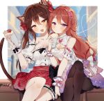  2girls :d :o black_bow black_legwear blush bow breasts brown_eyes brown_hair cleavage cleavage_cutout clothing_cutout commission crepe dress effiez_(vtuber) english_commentary eyebrows_visible_through_hair fang food heart highres holding holding_food indie_virtual_youtuber medium_breasts multiple_girls nina_saotome open_mouth pantyhose pink_bow purple_eyes red_skirt second-party_source skeb_commission skirt smile sorani_(kaeru0768) thigh_strap twintails virtual_youtuber white_dress 