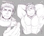  1boy ? abs animal_on_hand animal_on_shoulder areolae arms_behind_head bara bird blush chick collage cropped_torso facial_hair flaming_halo male_focus mature_male muscular muscular_male navel nude pectorals po_fu short_hair sideburns sketch stomach stubble tokyo_afterschool_summoners translation_request zabaniya_(housamo) 