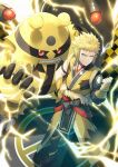  1boy blonde_hair blue_eyes clenched_hand closed_mouth coat commentary_request electivire electricity fur_(clothing) hand_up male_focus official_alternate_costume pokemon pokemon_(game) pokemon_masters_ex short_hair smile spiked_hair standing volkner_(pokemon) watermark yamanashi_taiki yellow_coat 