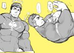  ! 1boy artist_self-insert bara between_pectorals bodysuit collage facial_hair flaming_halo frown grabbing head_between_pecs large_pectorals male_focus mature_male monochrome muscular muscular_male pectoral_grab pectorals po_fu short_hair sideburns skin_tight stubble tokyo_afterschool_summoners upper_body yellow_theme zabaniya_(housamo) 