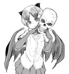  1girl animal_ears bat_ears bat_girl bat_wings breast_pocket closed_mouth commentary_request daitou_fruit_bat_(kemono_friends) greyscale highres holding holding_skull kemono_friends kotobukkii_(yt_lvlv) monochrome pleated_skirt pocket shirt simple_background skirt skull smile solo untucked_shirt wings 