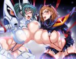  2girls alternate_breast_size angry bangs blush bodysuit breasts brown_hair cosplay eyebrows_visible_through_hair frown glasses gloves green_hair jet_(pw3234) kamui_(kill_la_kill) kill_la_kill kugisaki_nobara large_breasts multiple_girls nose_blush open_mouth parted_bangs ponytail senketsu shiny shiny_clothes shiny_hair shiny_skin short_hair sweat tied_hair tight turtleneck zen&#039;in_maki 