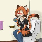  absurd_res accessory alcohol anthro bathroom beer beverage beverage_can blush bottomwear butt clenched_teeth clothed clothing denim denim_clothing digital_media_(artwork) english_text felid female fur hair hair_accessory hairband hi_res holding_object jeans male mammal notmypornaccount orange_body orange_fur pantherine pants pants_down partially_clothed ponytail shirt sitting snaggle_tooth solo solo_focus straining striped_body striped_fur stripes t-shirt teeth text tiger toilet toilet_use topwear towel white_body white_fur 