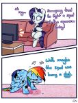 blue_body blue_feathers comic dialogue duo equid equine feathers female friendship_is_magic furniture hair hi_res horn louvely mammal multicolored_hair my_little_pony pegasus rainbow_hair rarity_(mlp) sofa television unicorn wings 