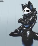  anthro biped black_body black_fur canid canine canis changed_(video_game) dripping erection fur genitals hair hand_on_penis hi_res humanoid_genitalia humanoid_penis male mammal mask masturbation nude penile penile_masturbation penis puro_(changed) rubber savourysausages simple_background solo standing video_games wolf 