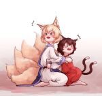  2girls @_@ animal_ear_fluff animal_ears barefoot blank_eyes blonde_hair blush bow brown_hair cat_ears cat_tail chen commentary_request crying dress fluffy fox_ears fox_tail full-face_blush full_body gradient gradient_background hair_bow hat hat_ribbon hoshibuchi hug kitsune long_hair long_sleeves looking_to_the_side multiple_girls multiple_tails nekomata no_hat no_headwear open_mouth puffy_sleeves red_dress ribbon scared seiza short_hair sitting tabard tail tears touhou two_tails white_dress wide_sleeves yakumo_ran 