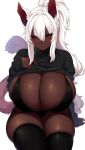  1girl animal_ears black_bra black_legwear black_nails black_panties black_sclera black_sweater blush bra breasts cat_ears cat_girl cat_tail cleavage clothes_lift coco_(bakeneko) colored_sclera commentary commission dark_skin eyebrows_visible_through_hair fluffy hair_between_eyes hand_up highres huge_breasts invisible_chair long_hair long_sleeves looking_at_viewer mole mole_on_breast mole_under_eye multiple_sources original panties ponytail red_eyes side-tie_panties sitting skeb_commission skindentation sleeves_past_wrists solo suruga_(xsurugax) sweat sweater sweater_lift tail thick_thighs thighhighs thighs tsurime turtleneck underwear very_dark_skin white_background white_hair 
