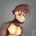  2018 amber_eyes anthro brown_body brown_fur deuzion endertwinks eyewear facial_hair fur glasses haplorhine hi_res male mammal monkey muscular muscular_male primate showing_teeth simple_background solo 