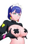  1girl aqua_eyes bandaid bandaids_on_nipples bangs black_gloves black_sleeves blue_hair blunt_bangs breast_hold breasts earrings expressionless eyebrows_visible_through_hair gloves highres jewelry large_breasts long_sleeves multicolored_hair navel nira-chan pasties pin_(user_hhmh7784) pink_hair puffy_long_sleeves puffy_sleeves short_hair shrug_(clothing) simple_background solo triangle_earrings turtleneck upper_body white_background zutto_mayonaka_de_ii_no_ni 