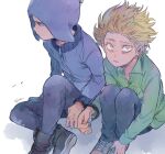  2boys black_hair blonde_hair blue_jacket chullo craig_tucker green_shirt jacket looking_up messy_hair multiple_boys shirt short_hair sitting south_park tweek_tweak 