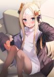 1girl :o abigail_williams_(fate) bangs black_bow black_headwear black_jacket blonde_hair blue_eyes blurry blurry_background blush bow breasts brown_legwear couch fate/grand_order fate_(series) foot_out_of_frame forehead hair_bow headwear_removed highres indoors jacket long_hair long_sleeves looking_at_viewer multiple_bows multiple_hair_bows on_couch open_clothes open_jacket open_mouth orange_bow pantyhose parted_bangs polka_dot polka_dot_bow sakimiya_mafu sidelocks sitting sleeves_past_wrists small_breasts solo sweat sweater very_long_hair white_sweater 
