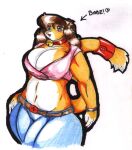  2006 accessory anthro bell bell_collar belly belt big_breasts blue_eyes blush bottomwear breasts brown_hair clothed clothing collar curvy_figure danellz denim denim_clothing felid female furgonomics hair huge_breasts jeans jewelry kathy_(danellz) lion mammal navel open_mouth pantherine pants ring slightly_chubby solo tail_accessory tail_jewelry tail_ring text thick_thighs topwear traditional_media_(artwork) voluptuous wide_hips 