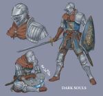  1other ambiguous_gender arizuka_(catacombe) armor belt boots brown_belt brown_footwear brown_gloves chosen_undead copyright_name crystal_lizard dark_souls_(series) dark_souls_i full_armor full_body gauntlets gloves helm helmet highres holding holding_shield holding_sword holding_weapon knee_boots knight pauldrons shield shoulder_armor simple_background standing sword tickling translation_request weapon 