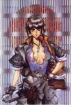  80s belt black_hair breasts cleavage combat_knife fingerless_gloves ghost_in_the_shell gloves gun handgun highres holster huge_weapon jacket jewelry knife kusanagi_motoko leotard medium_breasts multiple_belts necklace oldschool open_clothes open_jacket pistol red_eyes reverse_grip rifle shirou_masamune short_hair shoulder_holster sleeves_rolled_up solo weapon 