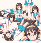  adjusting_eyewear armband bespectacled blue_sailor_collar brown_hair clone duplicate glasses kita_high_school_uniform long_sleeves multiple_girls multiple_persona sailor_collar school_uniform serafuku short_hair suzumiya_haruhi suzumiya_haruhi_no_yuuutsu uni wrestling 