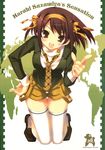  bangs brown_eyes brown_hair hairband hand_on_hip highres long_sleeves looking_at_viewer loose_necktie necktie plaid_neckwear satomi_hinako scan short_hair short_shorts shorts single_horizontal_stripe solo suspender_shorts suspenders suspenders_hanging suzumiya_haruhi suzumiya_haruhi_no_yuuutsu thigh_gap thighhighs white_legwear world_map yellow_hairband 