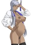  breasts code_geass dark_nipples dark_skin fingernails hand_on_hip invide jacket jewelry large_breasts lipstick long_hair makeup nipples nude pendant pregnant pubic_hair side_ponytail silver_hair sleeves_pushed_up solo sweatdrop thighhighs villetta_nu yellow_eyes 