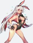  1girl animal_ears bare_shoulders breasts bunny_ears bunny_tail bunnysuit cleavage covered_navel detached_collar fake_animal_ears gloves groin guilty_gear guilty_gear_xrd heart jack-o&#039;_valentine large_breasts leotard long_hair multicolored_hair oro_(sumakaita) red_eyes red_hair rosary sideboob solo star tail two-tone_hair white_background white_hair wrist_cuffs 
