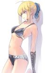  1girl ahoge artoria_pendragon_(all) bikini blonde_hair blue_eyes breasts closed_mouth cowboy_shot fate/stay_night fate_(series) hair_ribbon medium_breasts navel ponytail ribbon saber shadow solo swimsuit tama_(monster1553) white_background 