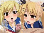  1boy 2girls artist_request blonde_hair blowjob censored dirty_penis fellatio kirishima_akari kirishima_kotone multiple_girls nyan_koi nyan_koi! oral penis smegma translation_request 