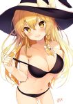  1girl absurdres alternate_breast_size bangs bare_shoulders bikini bikini_tug black_bikini black_bow blonde_hair blush bow braid breasts cleavage collarbone hair_bow hand_up hat hat_bow heart highres kirisame_marisa large_breasts long_hair looking_at_viewer navel nenobi_(nenorium) older open_mouth side_braid sidelocks signature simple_background smile solo stomach swimsuit touhou white_background witch_hat yellow_eyes 