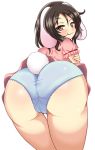  1girl animal_ears ass black_hair blue_panties blush bunny_ears bunny_tail come_hither dress from_behind hips huge_ass inaba_tewi looking_at_viewer looking_back naughty_face onaho_(otayoku) panties red_eyes shiny shiny_clothes shiny_hair shiny_skin short_hair smile solo tail thick_thighs thighs touhou underwear wide_hips 