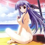  ass beach breasts nerine nude nudist parasol photoshop pointy_ears purple_hair red_eyes shuffle! solo umbrella 