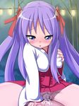  1girl blue_eyes bow breast_hold breasts censored cowgirl_position cum cum_in_pussy cum_inside girl_on_top highres hiiragi_kagami lucky_star noraneko_koubou nyamota_(noraneko_koubou) penetration penis pov purple_hair ribbon sex straddle straddling sweat tears twintails vaginal 