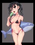  1girl bikini black_bikini black_eyes black_hair blush breasts cameltoe erect_nipples food idolmaster idolmaster_cinderella_girls looking_at_viewer mole mole_under_eye navel open_mouth panbai popsicle sharp_teeth small_breasts solo sunazuka_akira swimsuit teeth twintails 