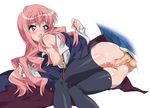  1boy 1girl arm_support blush cape censored cum flat_chest hetero highres kasuga_souichi long_hair louise_francoise_le_blanc_de_la_valliere midori_kouichi open_clothes open_mouth open_shirt penis pink_eyes pink_hair pubic_hair pussy sex shirt spooning thighhighs vaginal zero_no_tsukaima zettai_ryouiki 