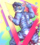  80&#039;s_theme animal_humanoid anthro blue_body blue_fur blue_hair censored felid felid_humanoid feral fur green_eyes hair hi_res humanoid male mammal mammal_humanoid muscular pantherine pantherine_humanoid retro saltywaterj smile solo tiger tiger_humanoid 