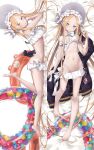  1girl abigail_williams_(fate) abigail_williams_(swimsuit_foreigner)_(fate) bare_shoulders barefoot bed_sheet bikini bikini_skirt blonde_hair blue_eyes bonnet bow braid breasts dakimakura_(medium) eyebrows_visible_through_hair eyes_visible_through_hair fate/grand_order fate_(series) forehead full_body hair_bow highres kochipu long_hair looking_at_viewer lying navel nipples on_back open_clothes sidelocks skirt small_breasts solo stomach swimsuit twin_braids twintails very_long_hair white_bikini white_bow white_headwear 