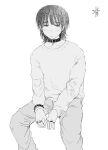  1boy bangs blunt_bangs blush bracelet collar ear_piercing earrings greyscale highres jewelry long_sleeves looking_to_the_side male_focus medium_hair mohato_official monochrome original pants piercing ring shirt sitting solo spiked_bracelet spiked_collar spikes 