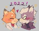  &lt;3 2021 anthro anthro_on_anthro blush canid canine canis clothed clothing duo ear_piercing eyebrows eyes_closed fox fox_mccloud fur grey_background hair hi_res holidays iglioatelle jacket male male/male mammal neckerchief new_year nintendo nose_kiss nose_to_nose number piercing simple_background smile spikes star_fox topwear tuft video_games wolf wolf_o&#039;donnell 