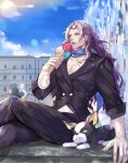  4boys black_shirt blue_scarf boston_terrier dog eating eyewear_on_head food fountain highres horns ice_cream iggy_(jojo) jean_pierre_polnareff jojo_no_kimyou_na_bouken kakyoin_noriaki kars_(jojo) kujo_jotaro long_hair male_focus midriff mohammed_avdol multiple_boys purple_hair scarf shirt stardust_crusaders time_paradox yepnean 