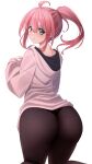  1girl ass black_legwear blush green_eyes hair_between_eyes highres hood hood_down hoodie kay_yu long_sleeves looking_at_viewer looking_back original pantyhose pink-haired_girl_(kay_yu) ponytail simple_background solo white_background white_hoodie 