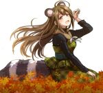  1girl absurdres ahoge animal_ears bangs brown_eyes brown_hair green_nails highres idolmaster idolmaster_shiny_colors kuwayama_chiyuki leaf long_hair long_sleeves maple_leaf open_mouth raccoon_ears raccoon_tail reference_work sitting solo tail tanakara white_background 