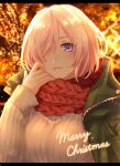  1girl bangs banned_artist breasts christmas eyebrows_behind_hair eyebrows_visible_through_hair fate/grand_order fate_(series) hair_over_one_eye jacket large_breasts light looking_at_viewer mash_kyrielight merry_christmas orii_(orii_i) pink_hair purple_eyes ribbed_sweater scarf short_hair smile solo sweater upper_body winter winter_clothes 