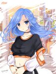  1girl black_shirt blue_eyes blue_hair borrowed_character character_name detached_sleeves eyebrows_visible_through_hair floating_hair highres midriff minah_(chaesu) navel original shirt signature solo spleeny upper_body 