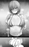 1boy 1girl animal_print bangs bare_shoulders bikini breast_grab breasts choker cleavage closed_mouth collarbone collared_shirt dress_shirt embarrassed fate/grand_order fate_(series) grabbing greyscale hair_over_one_eye highres large_breasts long_sleeves looking_to_the_side mash_kyrielight monochrome multiple_views navel open_clothes open_mouth open_shirt shirt short_hair swimsuit tiger_print wakamochi-ta 