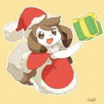  2017 anthro brown_eyes canid canine canis christmas christmas_clothing christmas_headwear clothing domestic_dog female gift glistening glistening_eyes hat headgear headwear hi_res holidays kemono mammal mutoh_ryo open_mouth open_smile sack santa_hat simple_background smile solo 